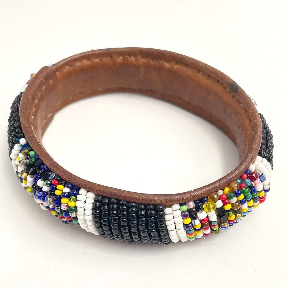 Vintage 90s Glass Bead Leather Bangle Bracelet Boho Tribal Fashion Jewelry Retro
